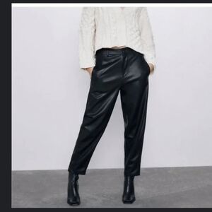 Zara Tapered Faux Leather Flat Front Pants sz 31 black